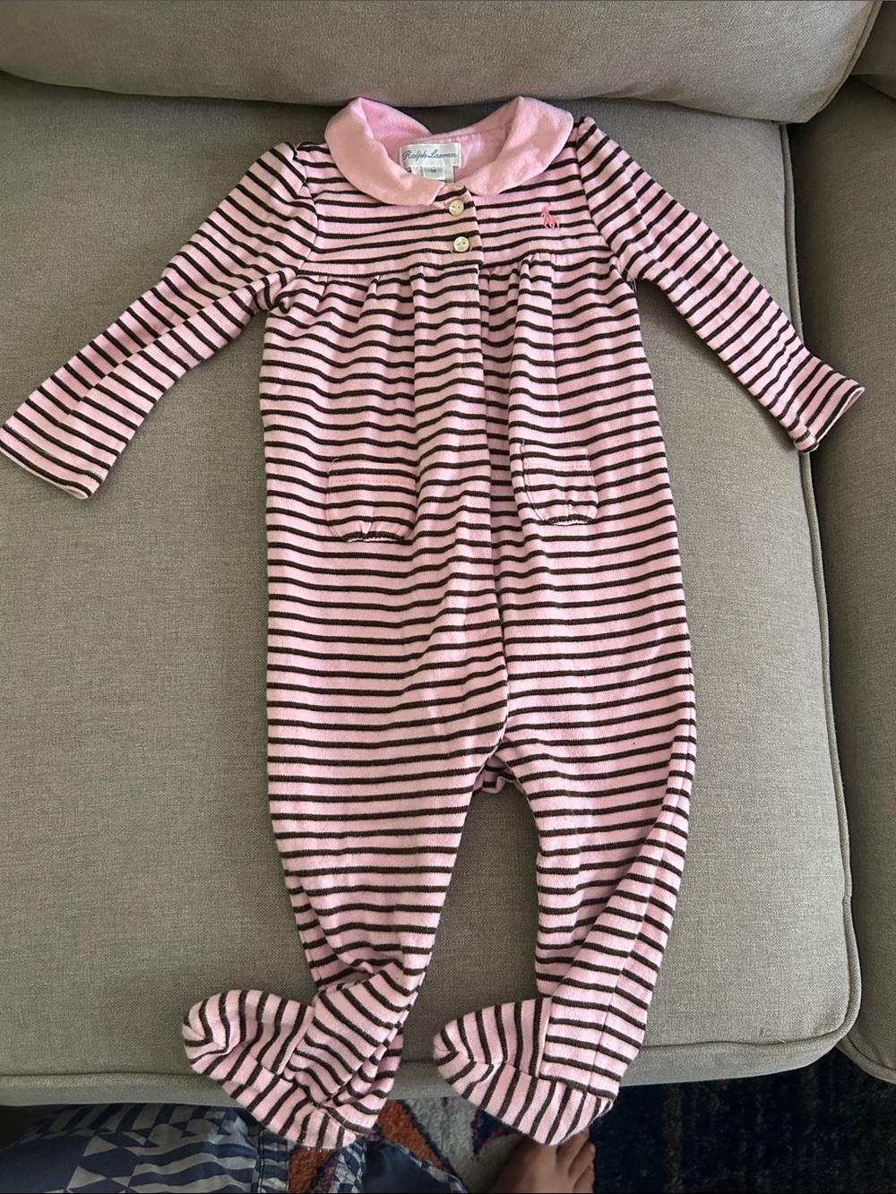 Polo by Ralph Lauren Pink and Brown Striped Footed One-Piece
